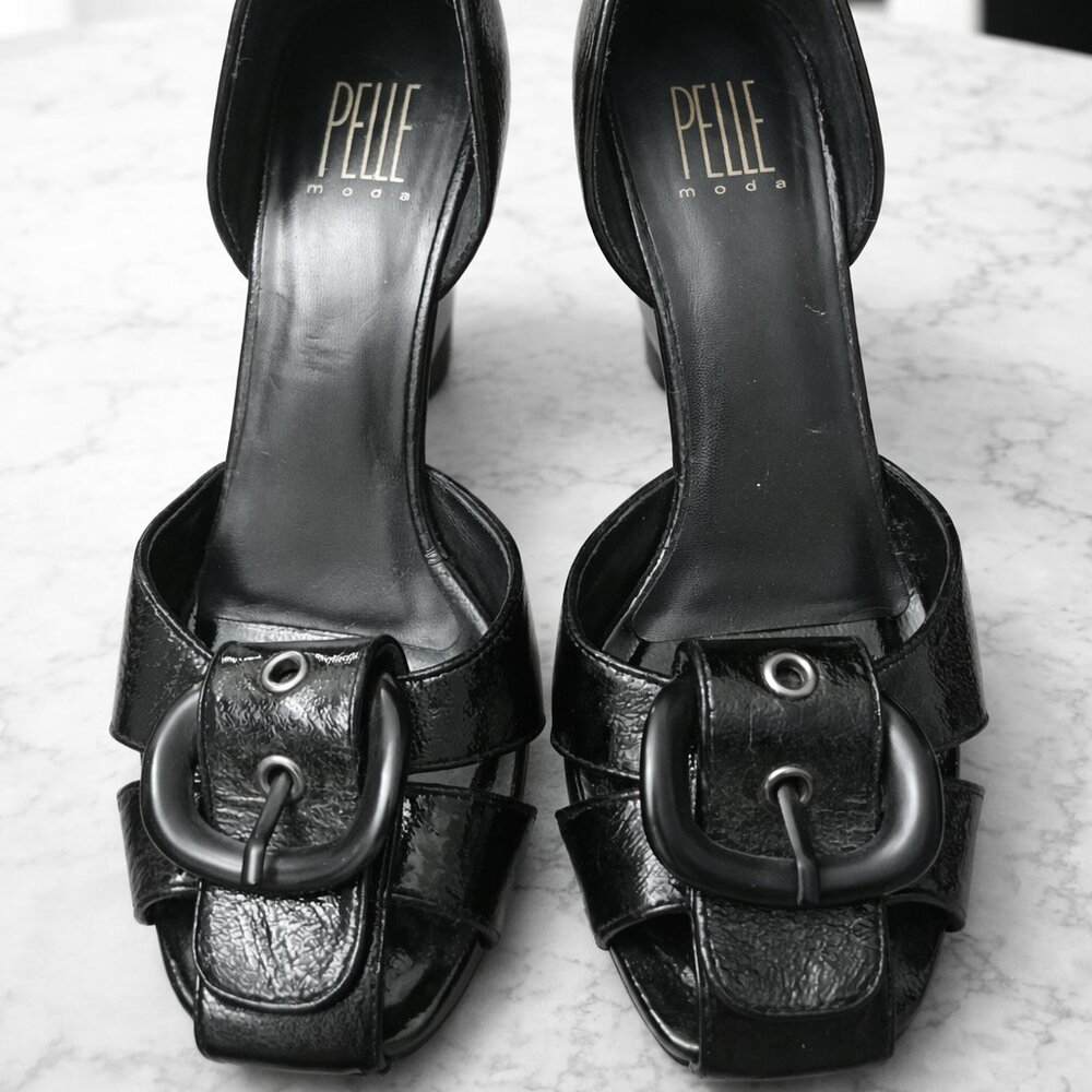Pelle Moda Black Patent Leather Open-Toe Buckle Heels